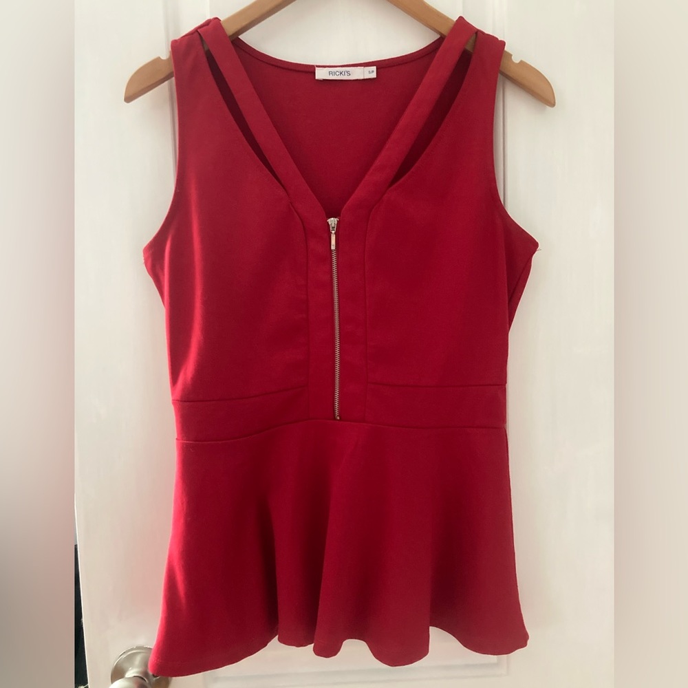 Red low cut v neck peplum dressy sleeveless shirt